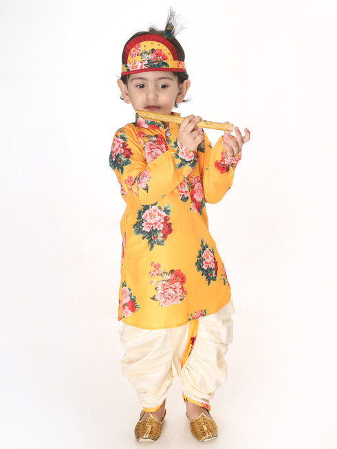 Vastramay SISHU Boys Multicolor-Base-Yellow Cotton Blend Kurta and Dhoti Set